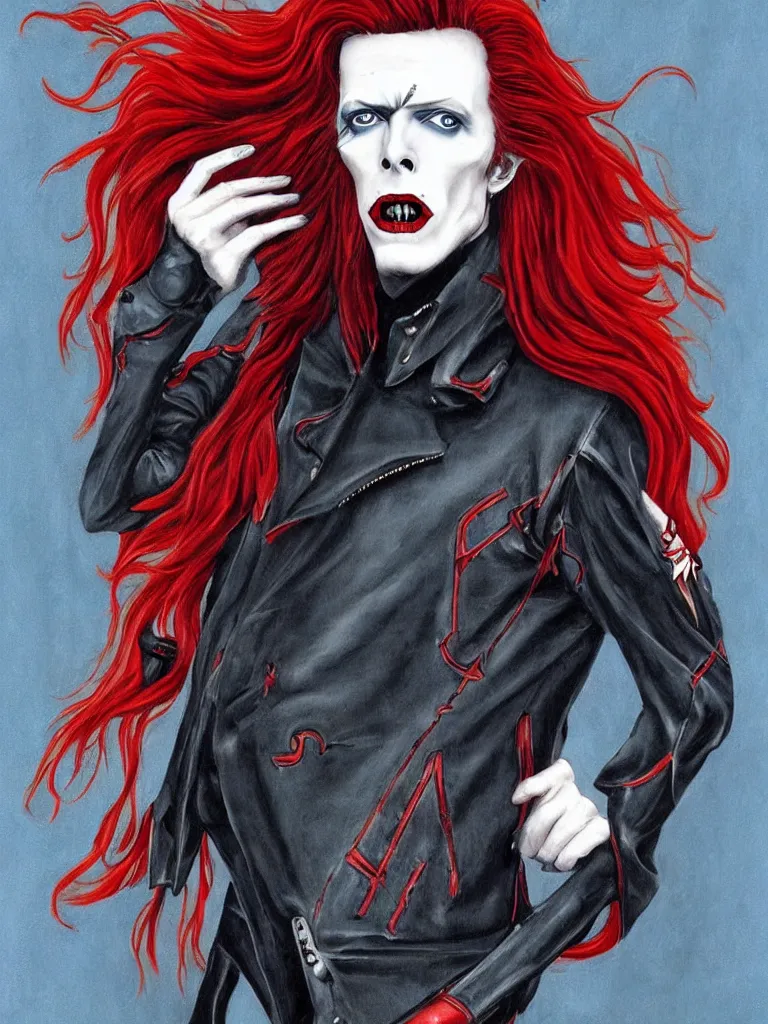 Image similar to art nouveau, David Bowie, vampire, sharp teeth, leather jacket, jeans, long red hair, full body