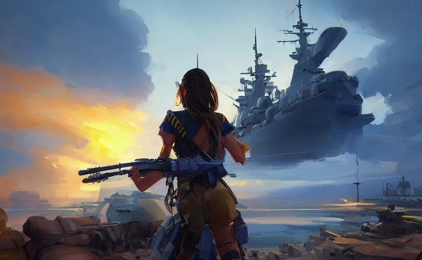 Prompt: view from behind of a girl in national clothes with blue and yellow stripes in her hair and a huge rifle behind her back standing against a Russian warship and she is ready to fight, concept art, highly detailed, smooth, sharp focus, illustration, art by Jordan Grimmer, Noah Bradley, trending on Artstation