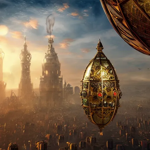 Prompt: enormous flying steampunk city in a faberge egg, sky, fantasy art, unreal engine,