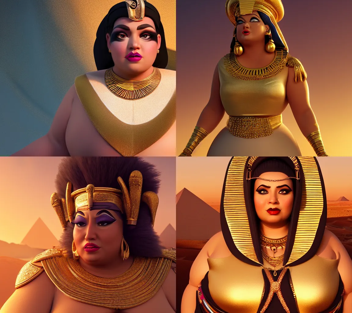 Prompt: hyperdetailed chubby female Disney villain, elegant egyptian priestess, arrogant look, hd texture, beautiful 3D render, 8k, octane render, soft lighting, stylized, in the desert, golden hour