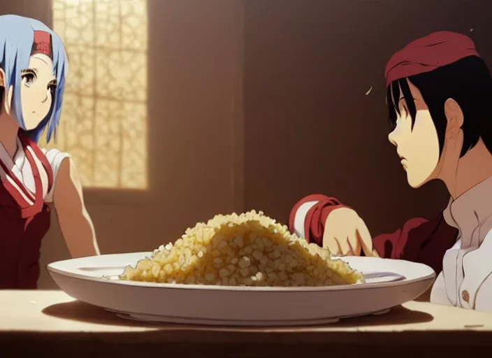 Image similar to a film still portrait of a tunisian couscous with meat, finely detailed features, closeup at the food, perfect art, at a dinner table, gapmoe yandere grimdark, trending on pixiv fanbox, painted by greg rutkowski makoto shinkai takashi takeuchi studio ghibli, akihiko yoshida