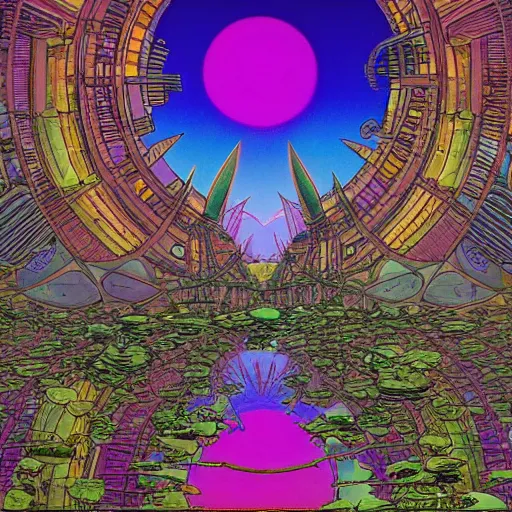 Prompt: solarpunk alien world, by mobius, by jean giraud, golden ratio, environment, hyper detail, concept artbook