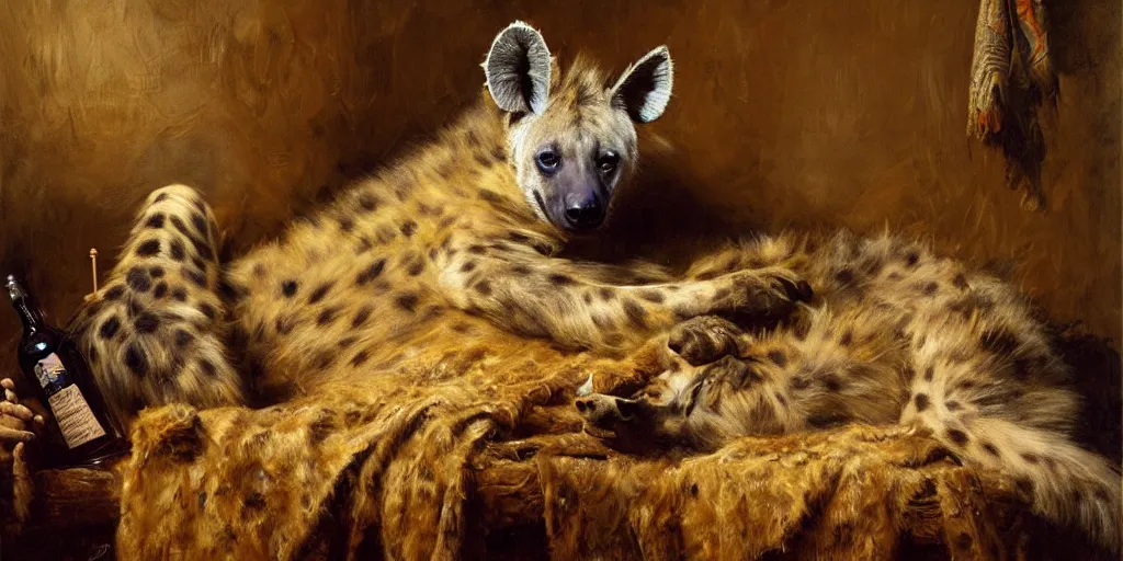 Prompt: an exhausted hyena girl in her studio with a bottle of whisky, fluffy, furry pelt, furry body. highly detailed painting by gaston bussiere, craig mullins, j. c. leyendecker 8 k