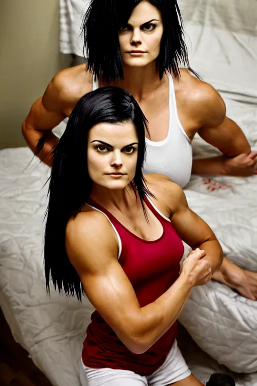 Image similar to realistic photograph. warrior woman, 2 7 years old, in her bedclothes : tight, white tanktop lose, comfortable, red pajama pants. jaimie alexander. her hair is short, straight, raven - black. fair - complected but tan. tall and gracile, except for her thick ripped vascular buff muscular arms and her ample bust.