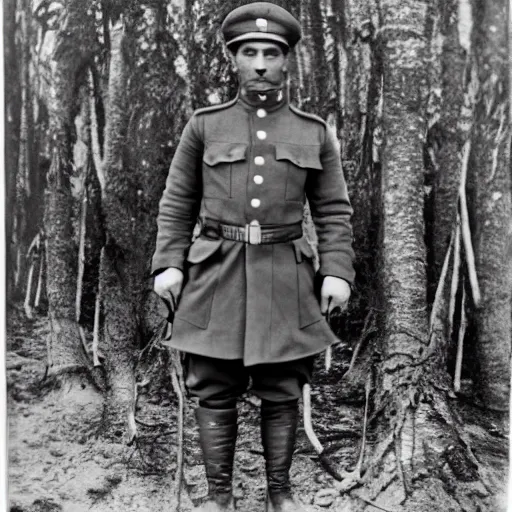 Image similar to a guinea pig wearing a Russian ww1 uniform surrounded by dead trees, grainy black and white photograph