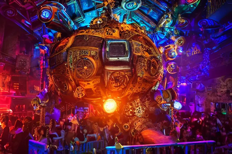 Image similar to scene is la troya party in amnesia in ibiza, portrait photo of a giant huge golden and blue metal steampunk robot, with gears and tubes, eyes are glowing red lightbulbs, shiny crisp finish, 3 d render, 8 k, insaneley detailed, fluorescent colors, haluzinogetic, background is multicolored lasershow