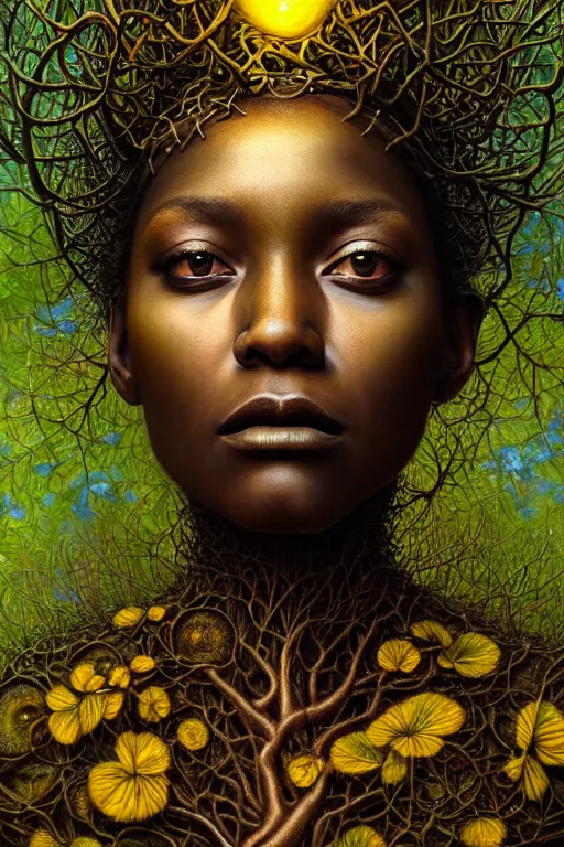 Prompt: hyperrealistic neo-renaissance super expressive! black woman with detailed exoskeleton armor, merging with tree in a forest, digital painting masterpiece brad kunkle hannah yata dramatic pearlescent yellow light low angle hd 8k sharp focus