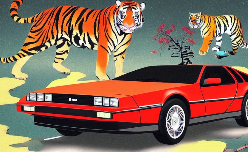 Image similar to a red delorean and a yellow tiger, art by hsiao - ron cheng and utagawa kunisada, magazine collage, # e 5 3 7 1 b, # e 4 e 6 2 0, # de 9 5 f 0,