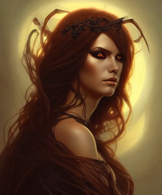 Image similar to Halloween woman portrait, sci-fi, amber eyes, face, long hair, fantasy, intricate, elegant, highly detailed, digital painting, artstation, concept art, smooth, sharp focus, illustration, art by artgerm and greg rutkowski and alphonse mucha