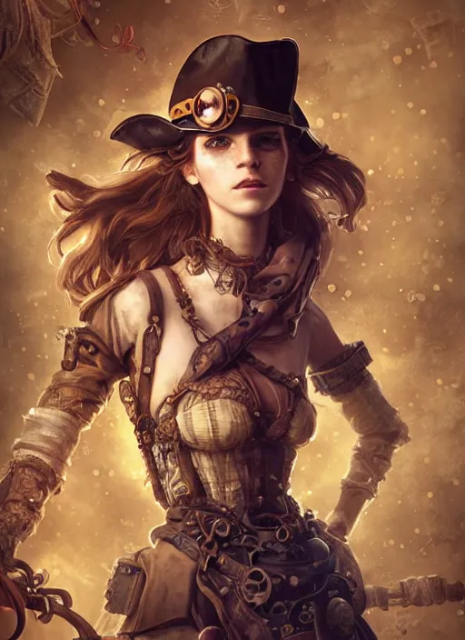 Prompt: underwater steampunk pirate cowboy portrait of emma watson, hyper detailed, digital art, cinematic lighting, studio quality, smooth render, unreal engine 5, octane rendered, art style by klimt and nixeu and ian sprigger and wlop and krenz cushart.