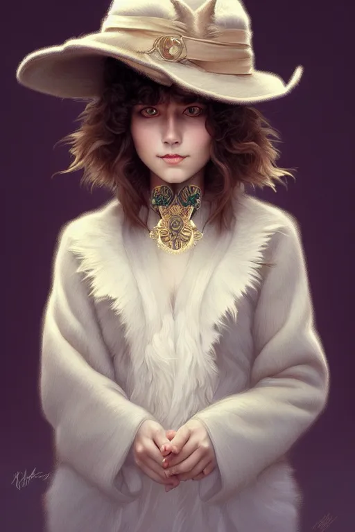 Image similar to symmetry!! girl with siberian cat in a hat!!, intricate, elegant, highly detailed, digital painting, artstation, concept art, smooth, sharp focus, illustration, art by artgerm and greg rutkowski and alphonse mucha, 8 k