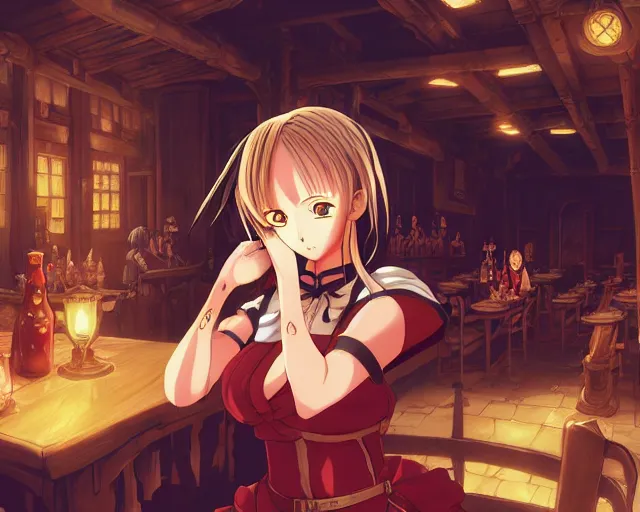 Image similar to anime visual, portrait of a young female in a busy fantasy medieval tavern interior at night, face by yoh yoshinari, murata range, last exile, blue submarine no 6, dynamic pose, dynamic perspective, detailed silhouette, rich texture, seven deadly sins anime, flat, anime cels, matte color, intricate face, fine details