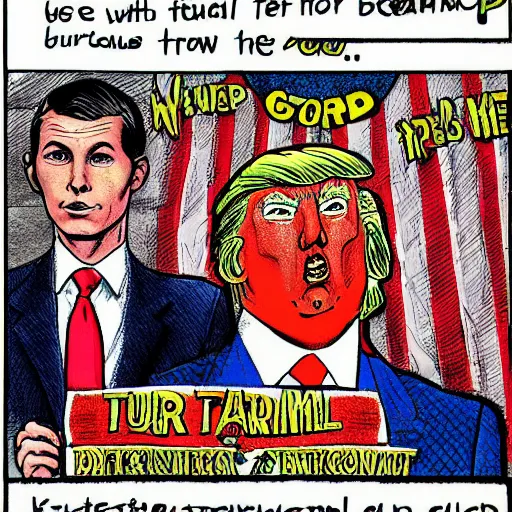 Image similar to !dream The Artwork of R. Crumb and his Cheap Suit Donald Trump and Jared Kushner, pencil and colored marker artwork, trailer-trash lifestyle
