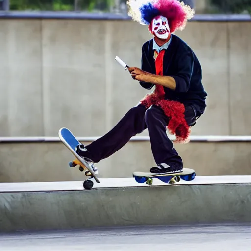 Image similar to a clown smoking a cigarette while skateboarding at a skate park, award winning photography, detailed eyes, sports photography,