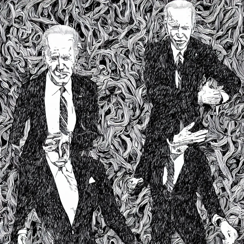 Image similar to Joe Biden full body portrait, body horror, black and white Illustration by Junji Ito