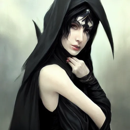 Image similar to a female shadowy elf in dark robes, black dress, wavy black bob hair bangs, dnd character art portrait, by ruan jia