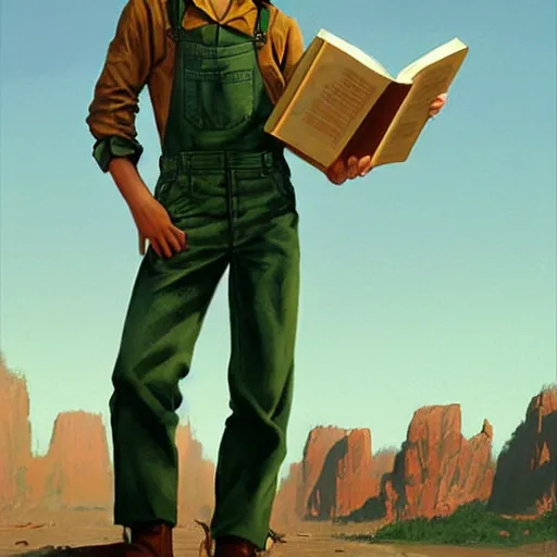 Image similar to a highly detailed epic cinematic concept art CG render digital painting artwork costume design: young James Dean as a well-kept neat mechanic in 1950s USSR green dungarees and big boots, reading a book. By Greg Rutkowski, Ilya Kuvshinov, WLOP, Stanley Artgerm Lau, Ruan Jia and Fenghua Zhong, trending on ArtStation, subtle muted cinematic colors, made in Maya, Blender and Photoshop, octane render, excellent composition, cinematic atmosphere, dynamic dramatic cinematic lighting, aesthetic, very inspirational, arthouse