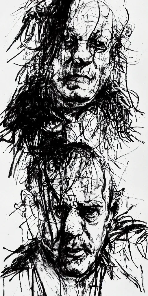 Image similar to a loose wild messy ink sketch portrait of a self portrait in the style of ralph steadman, caricature, dramatic