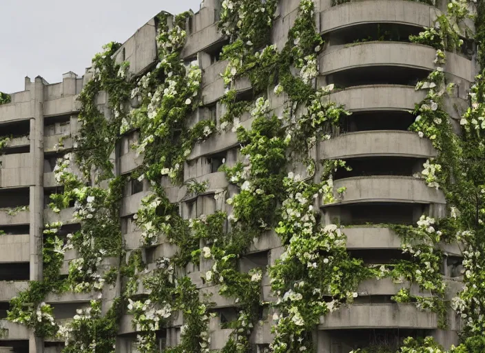 Prompt: the worst excesses of mid 2 0 th century'brutalist'architecture are camouflaged with flowering vines, cinematic matte painting