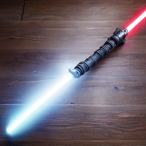 Prompt: a real light saber on a wooden table, 4k, high detail, high-resolution photograph, professional photography, ultra-detail