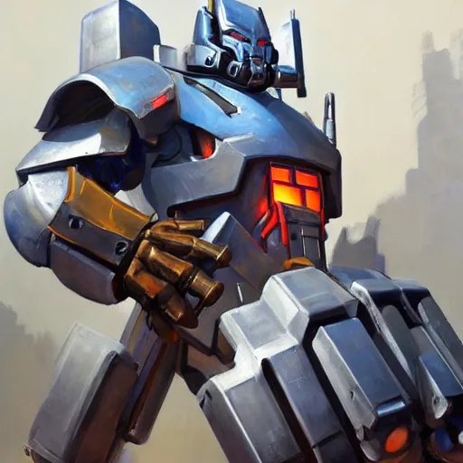 Image similar to greg manchess portrait painting of armored optimus prime as overwatch character, medium shot, asymmetrical, profile picture, organic painting, sunny day, matte painting, bold shapes, hard edges, street art, trending on artstation, by huang guangjian and gil elvgren and sachin teng