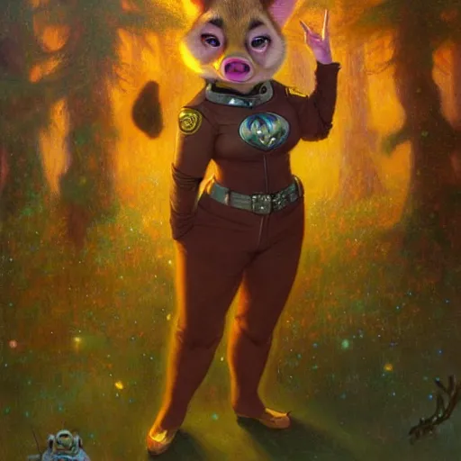 Image similar to a female pig cheetahwoman in starfleet uniform at night in a dark forest. zootopia fursona furaffinity furry art detailed face painting by gaston bussiere craig mullins jc leyendecker gustav klimt artgerm greg rutkowski furry