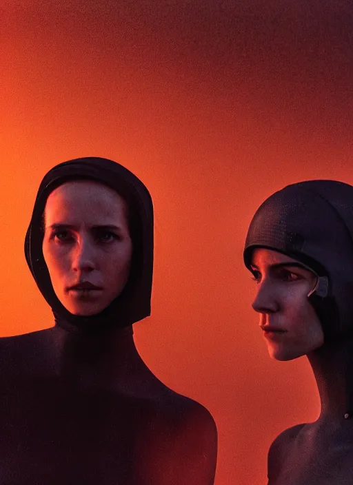 Image similar to cinestill 5 0 d photographic portrait by steve mccurry of two loving female androids wearing rugged black mesh techwear on a desolate plain with a red sky, extreme closeup, cyberpunk style, dust storm, 8 k, hd, high resolution, 3 5 mm, f / 3 2, ultra realistic faces, ex machina, blade runner