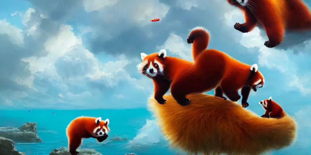 Image similar to Floating fantasy red pandas having fun over a blue ocean, Darek Zabrocki, Karlkka, Jayison Devadas, Phuoc Quan, trending on Artstation, 8K, ultra wide angle, pincushion lens effect.