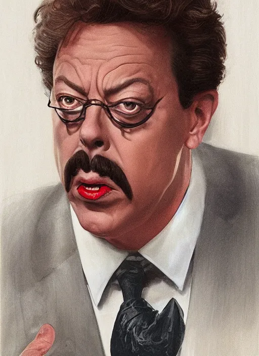 Prompt: portrait of tim curry as wadsworth in clue ( 1 9 8 5 ), highly detailed, centered, solid color background, digital painting, artstation, concept art, smooth, sharp focus, illustration, jason edmiston, donato giancola, joseph christian leyendecker, les edwards, ed repka, wlop