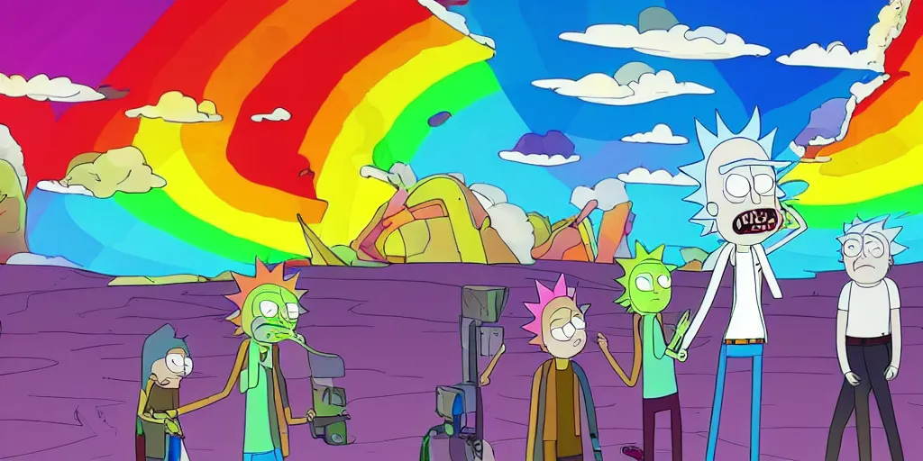 Prompt: rainbow cry, style of rick and morty