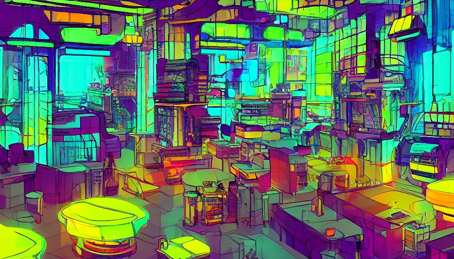 Image similar to concept art for a cyberpunk beehive, interior design, bright colors, neon signs