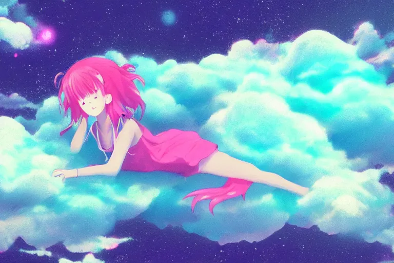 Image similar to a cute anime girl sleeping on a cloud, misty, glows, digital art, hazy, foggy, ambient lighting, 8 k, neon, synthwave,