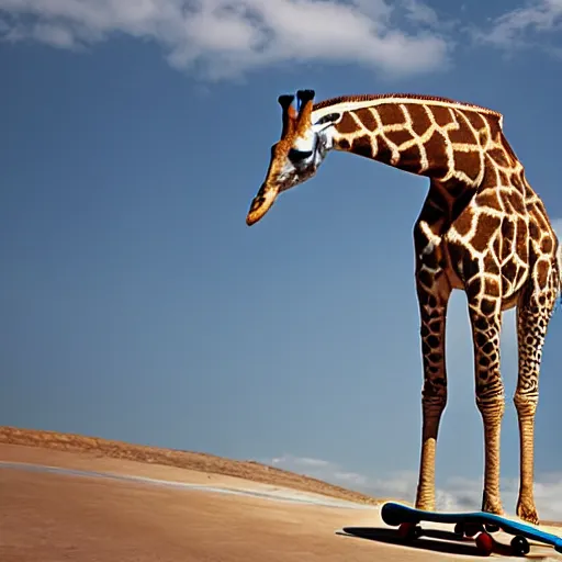 Image similar to giraffe riding a skateboard