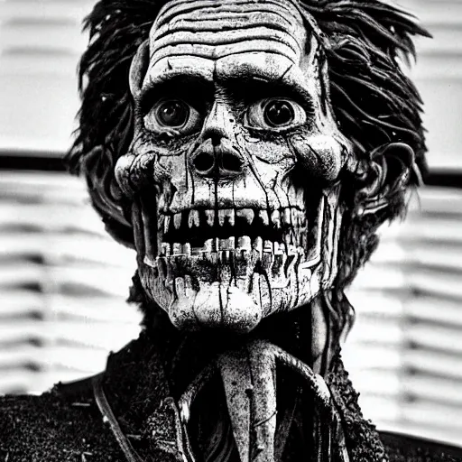 Image similar to grainy recovered photo of animatronic Willem Dafoe by Stan Winston studios trashed destroyed lying in a landfill post apocalyptic gloom exposed inner machinery detailed