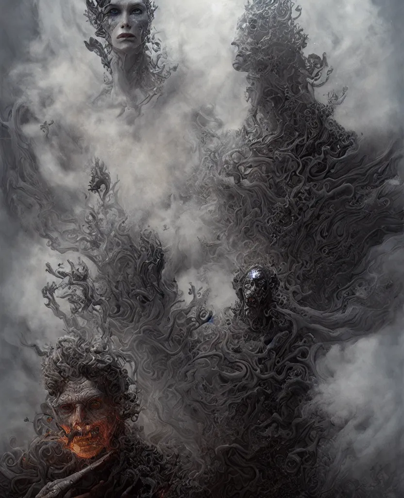 Prompt: the sandman, very detailed, 8k, maximized, ornate, masterpiece, complex, by Greg rutkowski, Alex Gray, surrounded by smoke