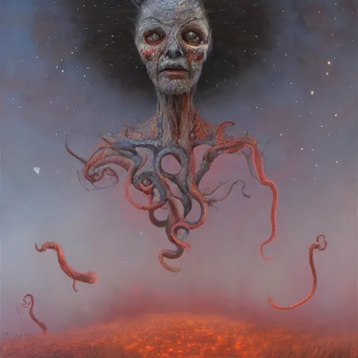 Image similar to the night sky is black and full of stars, huge red eyes are floating in the sky, their irises are red, ethereal tentacles, by Esao Andrews and Karol Bak and Zdzislaw Beksinski and Zdzisław Beksiński, trending on ArtStation, volumetric smoke
