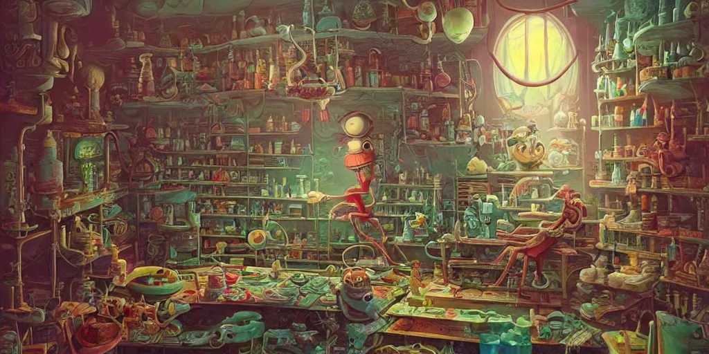 Prompt: a beautiful and highly detailed painting of an aaahh!!! Real Monsters pharmacist in an aaahh!!! Real Monsters apothecary by James Gurney and beeple | Unreal Engine: .4 | establishing shot | graphic novel, illustration: .5 | Tim White: .2