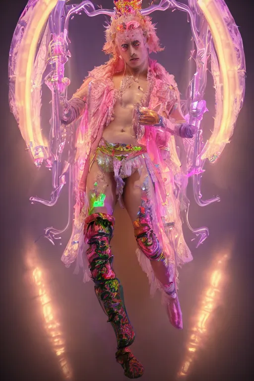 Image similar to full-body rococo and cyberpunk delicate neon crystalline sculpture of ((young muscular onyx albino Colombian prince)) as an iridescent humanoid deity wearing ((peach plastic hooded cloak)) (holding a human skull) in a white castle dungeon, reclining, glowing pink face, crown of (pink lasers), large blue diamonds, swirling black silk fabric. futuristic elements. oozing glowing liquid, full-length view. space robots. intricate artwork by caravaggio. Trending on artstation, octane render, cinematic lighting from the right, hyper realism, octane render, 8k, depth of field, 3D