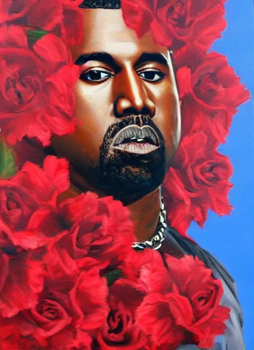 Image similar to hyperrealistic oil painting of Kanye West with red flowers in the background