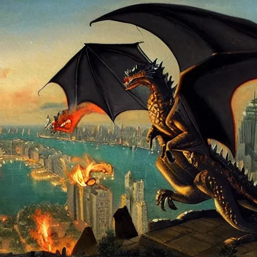 Prompt: medieval dragons breathing fire over a modern day new york city 1 8 0 0 s romanticism oil painting