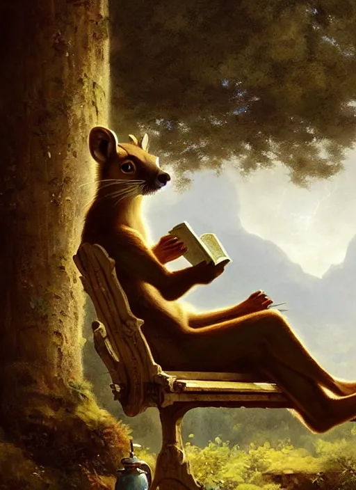 Image similar to a beautiful close - up shot from a fantasy film featuring a humanoid pine marten with golden eyes wearing a loose white tunic reading on a bench. joseph ducreux, greg rutkowski.