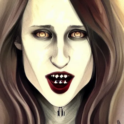 Prompt: pretty female Taissa Farmiga vampire, style of Peter Mohrbacher, sharp vampire teeth, showing teeth, symmetrical eyes, realistic face, symmetrical face, brown leather jacket, jeans, long black hair, full body