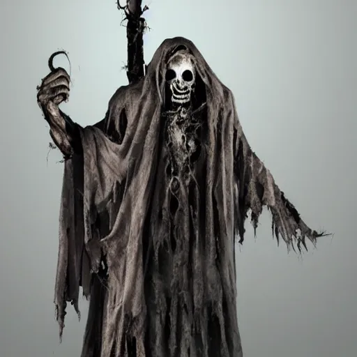Prompt: of an elder litch shroud in a cloak of twisting decorticating smoke, staff of decay in hand, he wields the power of necromancy, raising the dead from the ground