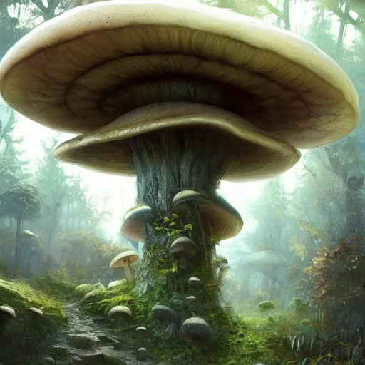 Image similar to a painting of a mushroom like structure in the middle of a forest, concept art by stephan martiniere, trending on artstation, fantasy art, concept art, 2 d game art, matte painting