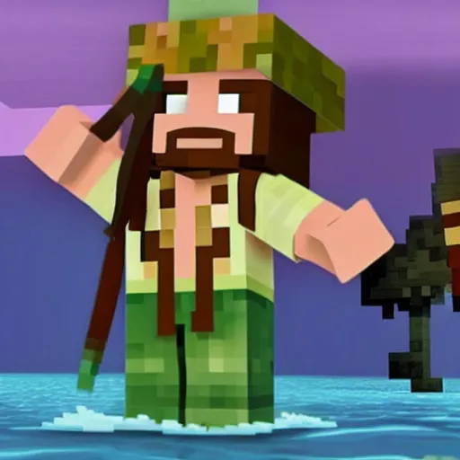 Image similar to Jack Sparrow andando na prancha de um barquinho de papel num mar de slime com o vários clones do mal do resendeevil do Minecraft boiando. E quem tá fazendo ele andar da prancha é o Bob esponja