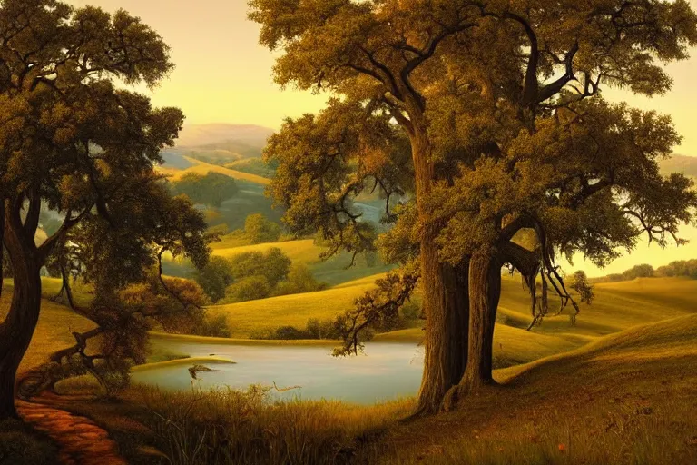 Image similar to masterpiece painting of oak trees on a hillside overlooking a creek, dramatic lighting, by alex gross