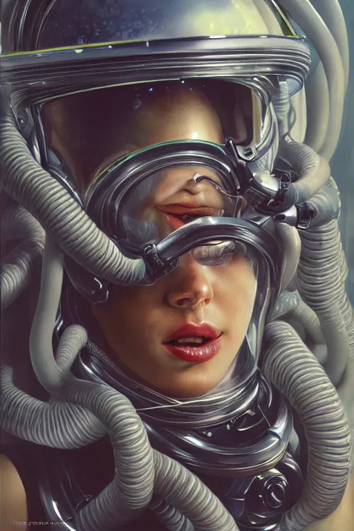 Image similar to extremely detailed studio portrait of female space astronaut, alien tentacle protruding from eyes and mouth, slimy tentacle breaking through helmet visor, shattered visor, full body, soft light, plain studio background, disturbing, shocking realization, deviantart, award winning painting by hajime sorayama