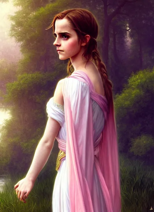 Image similar to emma watson as magic healer goddess, long hair, white and pink cloth, lake in the forest, D&D, shiny background, intricate, elegant, highly detailed, digital painting, artstation, concept art, smooth, sharp focus, illustration, artgerm, bouguereau