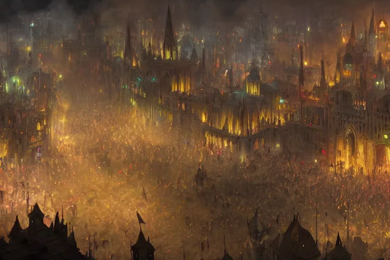 Prompt: an intricate colorful matte painting of An epic stronghold crusader screenshot of bustling city street with protesting crowd chasing the king, highly detailed iridescent dimly lit exterior with shafts of iridescent light bouncing off magical realms, by Christophe Vacher and Bastien Lecouffe-Deharme, trending on artstation