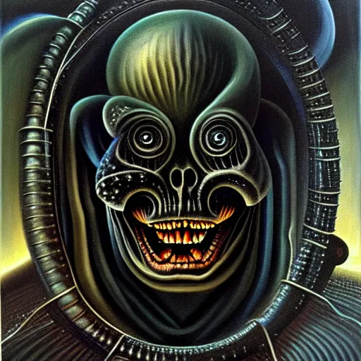Image similar to peer into the depths of the endless cosmic void. behold your fears. hr giger, oil on canvas